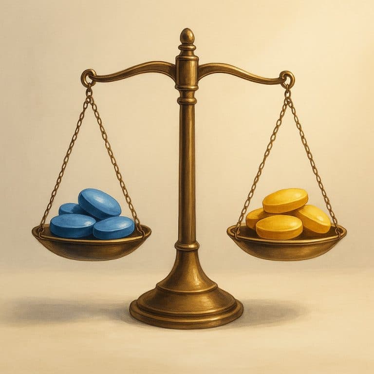 Balanza metálica equilibrada con pastillas azules en un lado y pastillas amarillas en el otro, representando la comparación entre Viagra y Cialis sobre un fondo neutro con luz cálida.