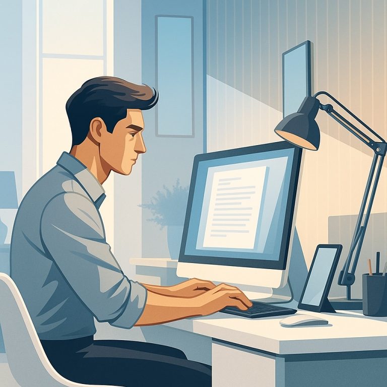 Ilustración de un hombre joven trabajando concentrado frente a un ordenador en un escritorio blanco, haciendo una consulta médica online, en una habituación moderna y luminosa, con luz natural y tonos neutros que transmiten calma.