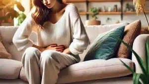 Mujer de unos 30 ó 40 años, sentada en un sofá, con las manos en el abdomen, con cara de incomodidad por el dolor de cistitis.