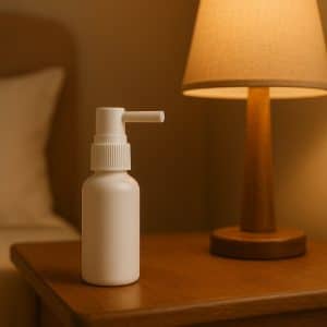 Spray médico en envase blanco sobre mesilla de noche de madera con lámpara encendida, fotografía realista que transmite confianza, salud y bienestar.