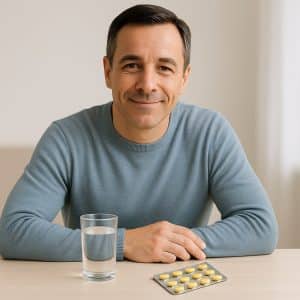 Hombre adulto sonriendo suavemente, sentado en una mesa con un vaso de agua y un blíster de pastillas amarillas frente a él, en un entorno luminoso y tranquilo.