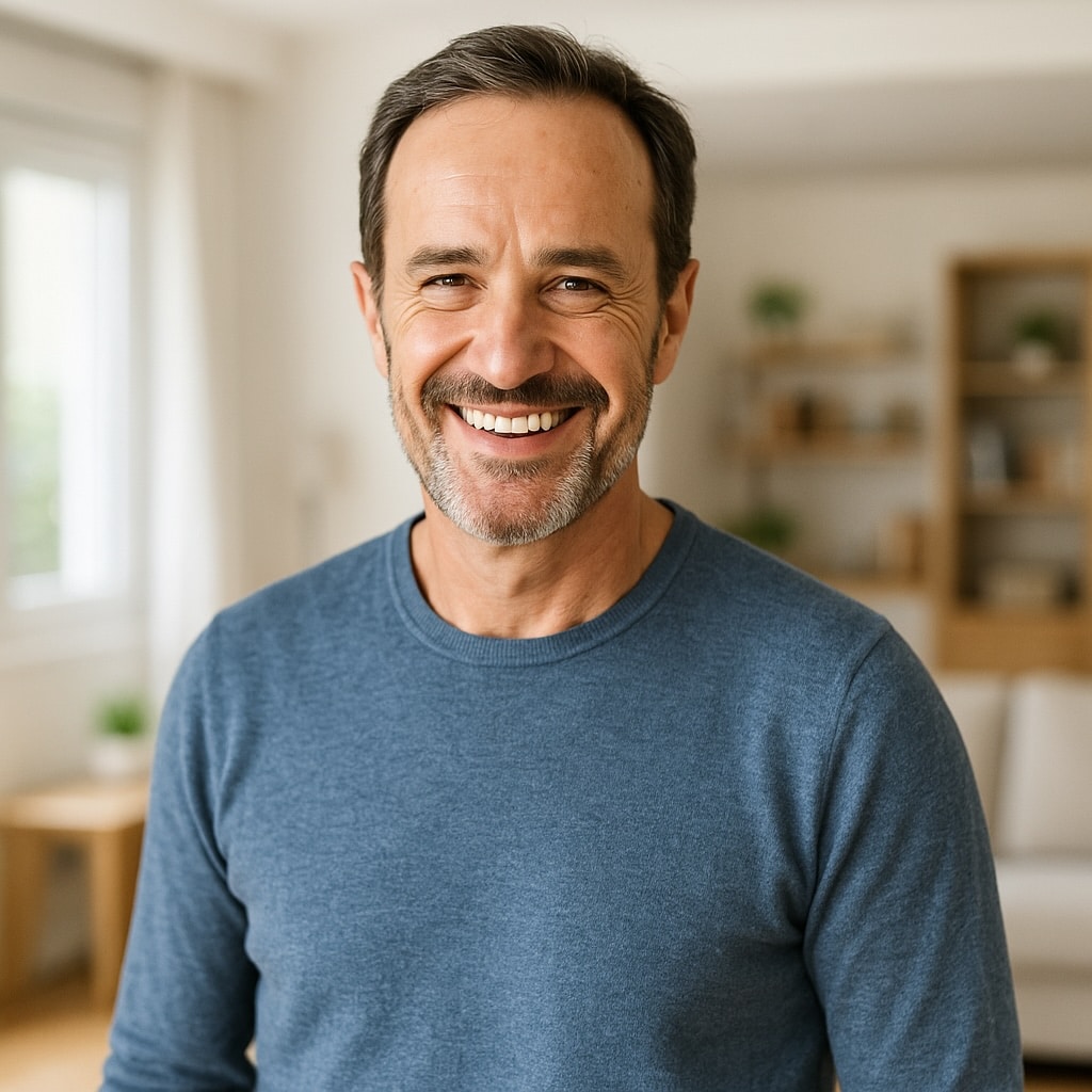Hombre adulto sonriente y confiado en un hogar moderno y luminoso, representando bienestar y seguridad tras el tratamiento de la disfunción eréctil con Galotam.