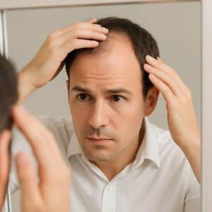 Hombre de unos 38 a 50 años observando su cuero cabelludo frente al espejo, con signos iniciales de calvicie y expresión de atención, en un entorno neutro y con luz suave.