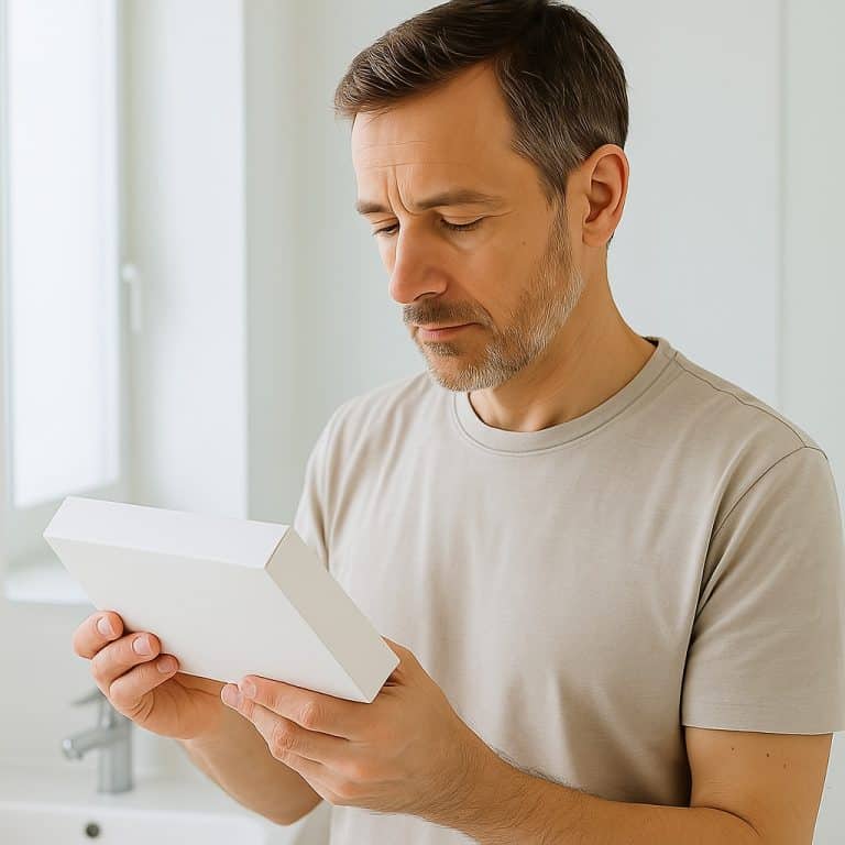 Hombre de mediana edad sosteniendo y examinando una caja blanca de medicamento en un baño luminoso, en una escena neutra y profesional.