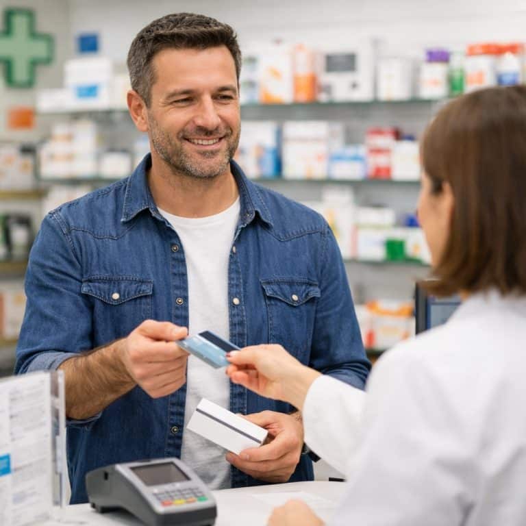 Hombre de unos 40 años realizando un pago con tarjeta bancaria de un medicamento en una farmacia física en España.